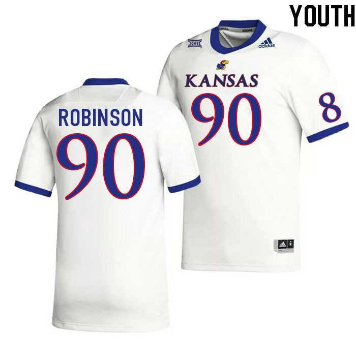 Youth #90 Jereme Robinson Kansas Jayhawks College Football Jerseys Stitched Sale-White - Click Image to Close